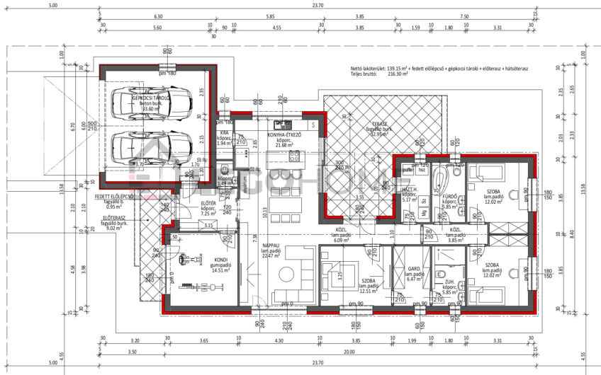 LH-173 - 5 szobás átriumos, egyszintes, hosszúkás, oldalhatáron álló családi ház alaprajz 173 m2