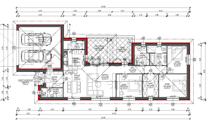LH-154 - 4 szobás, átriumos, dupla garázsos, egyszintes, hosszúkás, oldalhatáron álló családi ház alaprajz