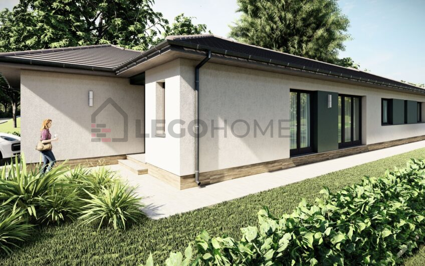 LH-154a - 4 szobás, átriumos, dupla garázsos, egyszintes, hosszúkás, oldalhatáron álló családi ház terv