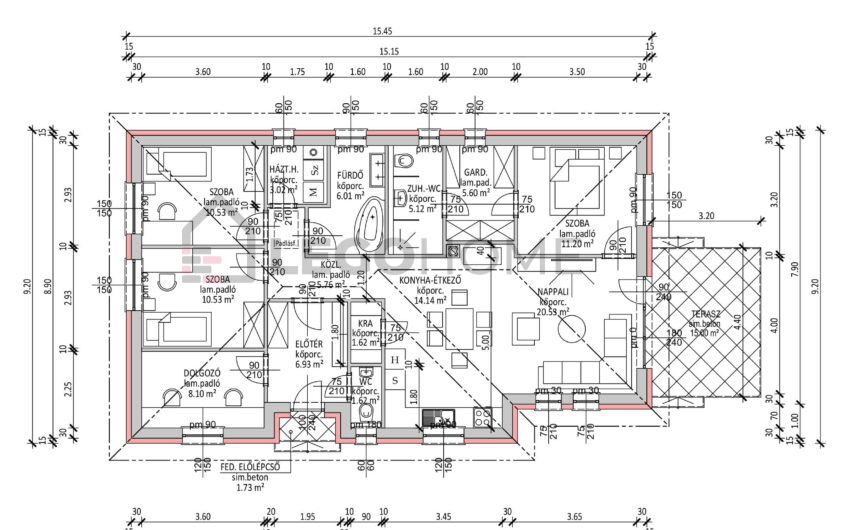 LH-110 - nappali + 4 szovás, 110 m2-es családi ház alaprajz