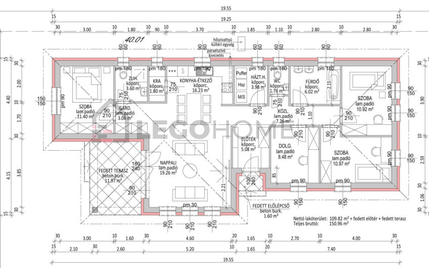 LH-110a - egyszintes, oldalhatáron álló, nappali + 4 szobás, 110 m2-es, családi ház alaprajz