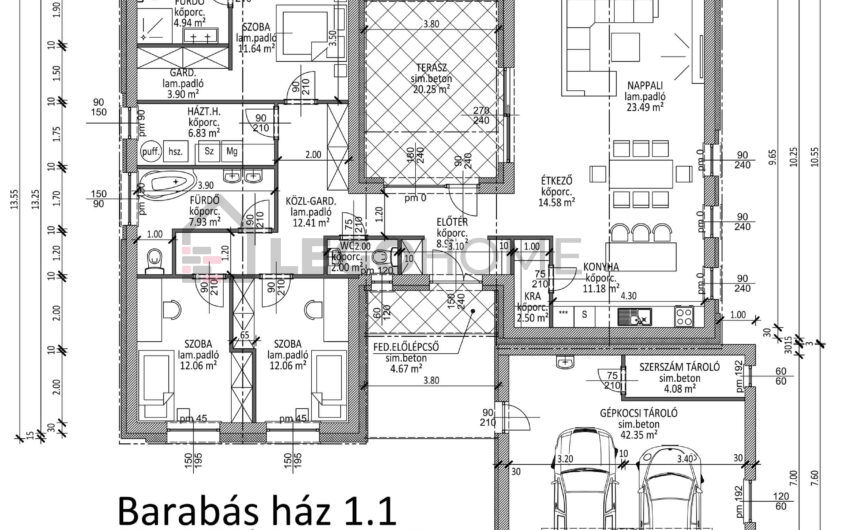 LH-181a dupla garázsos, 4 szobás (nappali + 3 háló), szabadonálló, 2 fürdőszobás, H alakú családi ház alaprajz