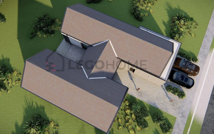 LH-181a dupla garázsos, 4 szobás (nappali + 3 háló), szabadonálló, 2 fürdőszobás, H alakú családi ház terv