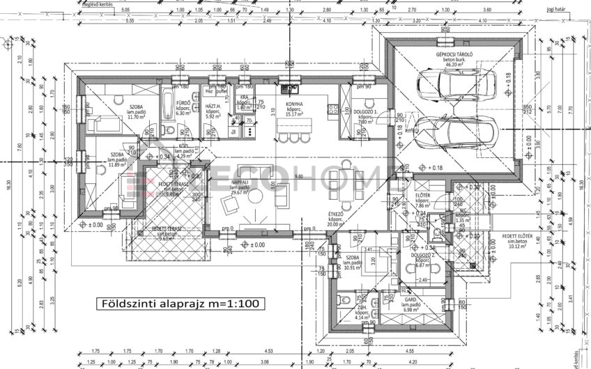 LH-198 - egyszintes, átriumos, nappali + 5 szobás, 198 m2-es, 2 fürdőszobás családi ház alaprajz dupla garázzsal