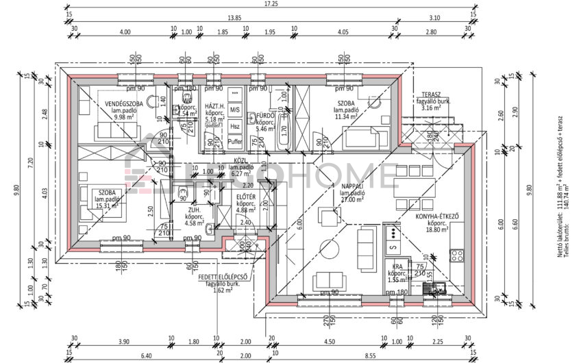 LH-112 - egyszintes, 112 m2-es, 4 szobás, 2 fürdőszobás, elkülönített konyhával rendelkező családi ház alaprajz